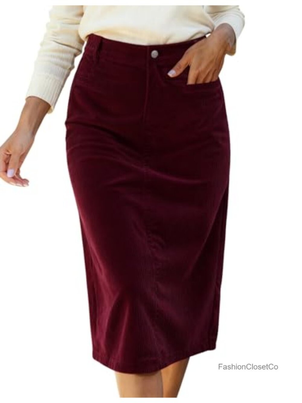 Corduroy Midi Pencil Skirt High Waist with Pockets